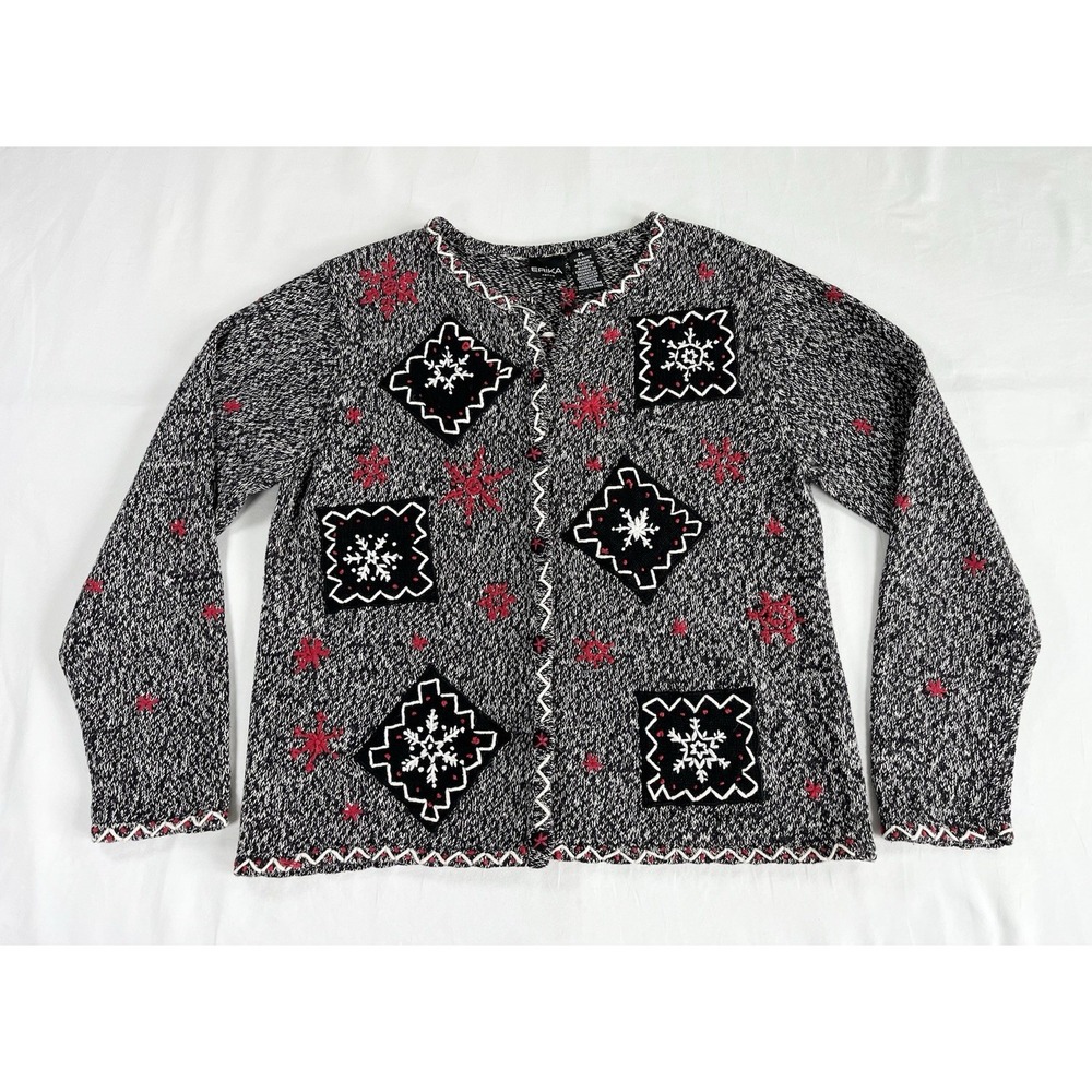 Vintage Erika‎ Christmas Snowflake Cardigan Sweater Grannycore Women's Petite L